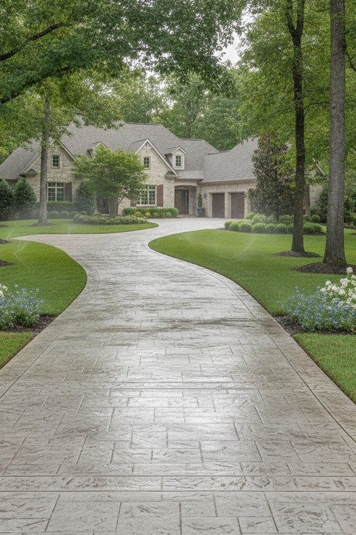 The same Spokane stamped-concrete driveway clean and bright after pressure washing