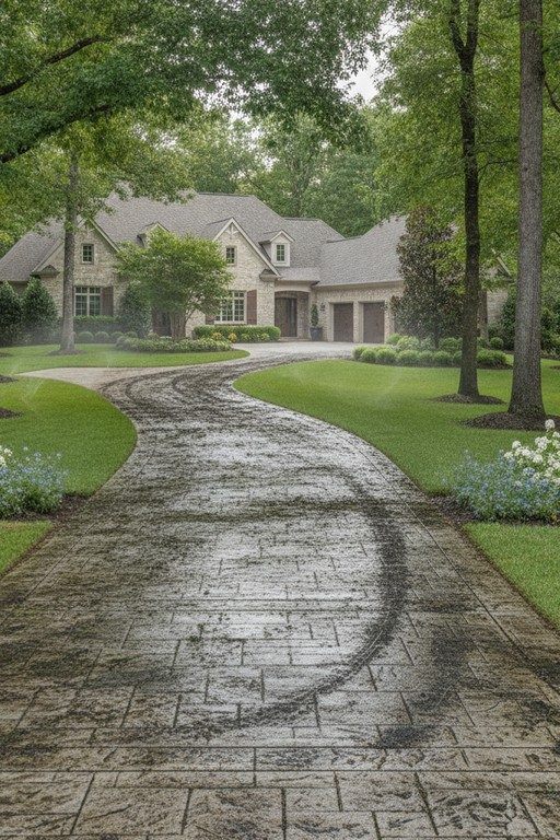 A long Spokane stamped-concrete driveway covered in black algae and oil stains before pressure washing