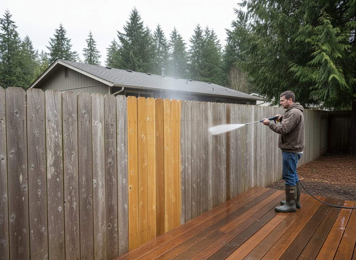A weathered wood fence and deck getting pressure washed at a Spokane home