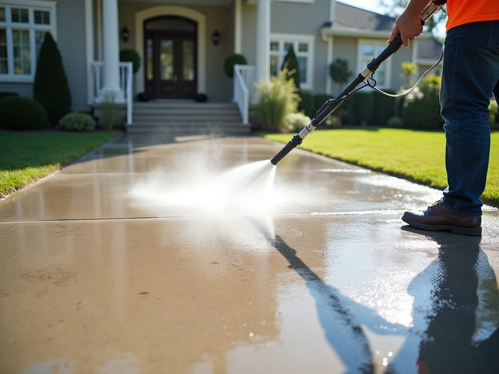 A pressure washer rinsing dirt off a residential concrete driveway in front of a home