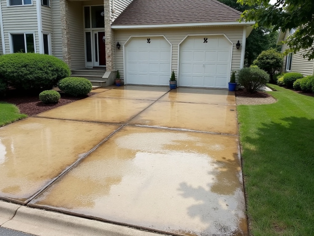 A driveway stained with biological growth and grime before cleaning